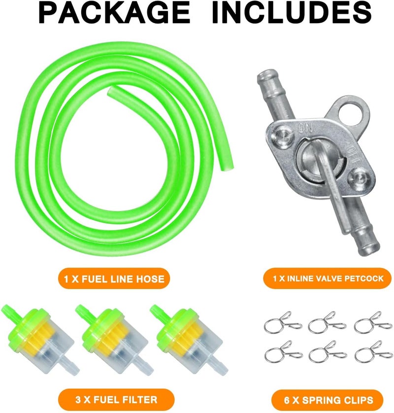 HOLATO Gas Fuel Line Hose Clamps Fuel Filters with Inline Shut Off Valve Petcock Set for 50cc 70cc 90cc 110cc 125cc 150cc Taotao Coolster Apollo Baja ATV Four Wheeler Dirt Pit Bike (GREEN) - Image 4
